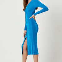 Blue Button Front Slinky Midi Dress