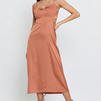 Brown Midi Dress Cowl Neck Satin