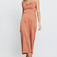 Brown Midi Dress Cowl Neck Satin