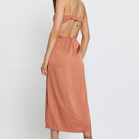 Brown Midi Dress Cowl Neck Satin