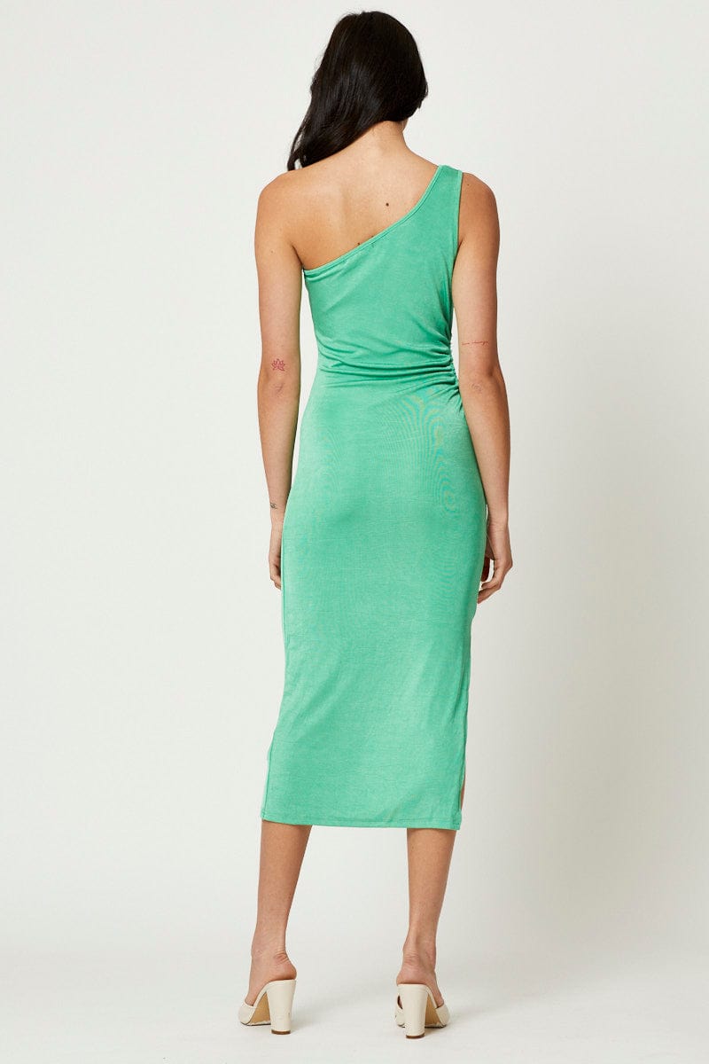 Green Midi Dress One Shoulder Evening