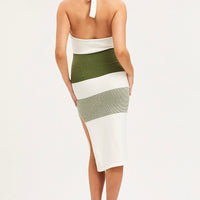 Stripe Midi Dress Evening Halter Neck Knit