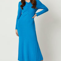 Blue Gathered Front Midi Dress