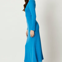 Blue Gathered Front Midi Dress