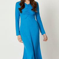 Blue Gathered Front Midi Dress