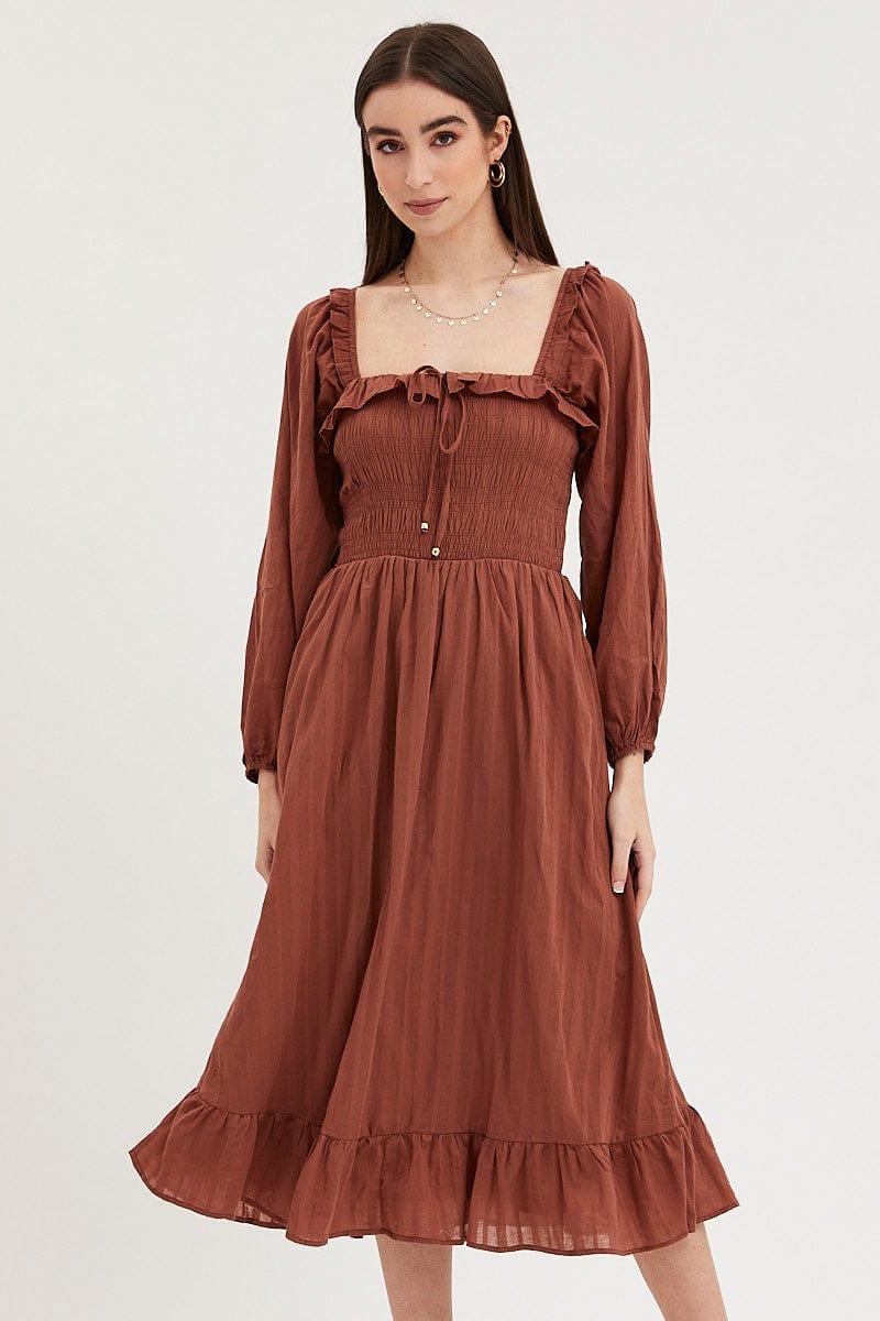 Brown Midi Dress Long Sleeve Evening