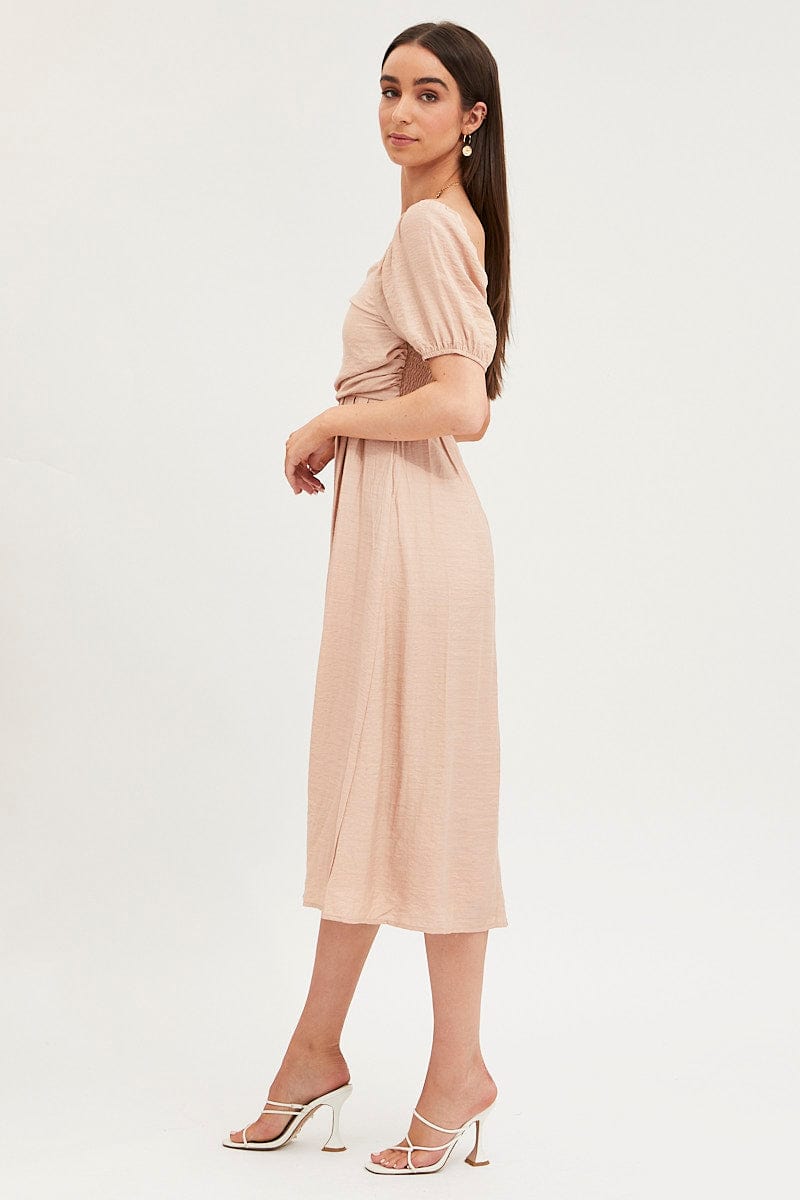 Beige Midi Dress Evening Square Neck