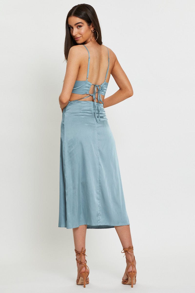 Blue Midi Dress Satin