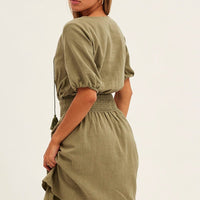 Green Midi Dress Short Sleeve V Neck