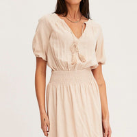 Beige Midi Dress Short Sleeve V Neck