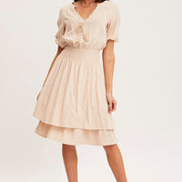 Beige Midi Dress Short Sleeve V Neck