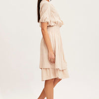 Beige Midi Dress Short Sleeve V Neck