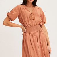 Orange Midi Dress Short Sleeve V Neck