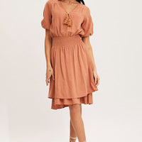 Orange Midi Dress Short Sleeve V Neck