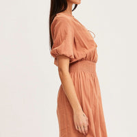 Orange Midi Dress Short Sleeve V Neck