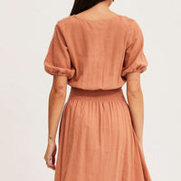 Orange Midi Dress Short Sleeve V Neck