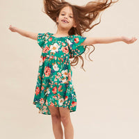 Green Floral Kids Short Sleeve Midi Dress