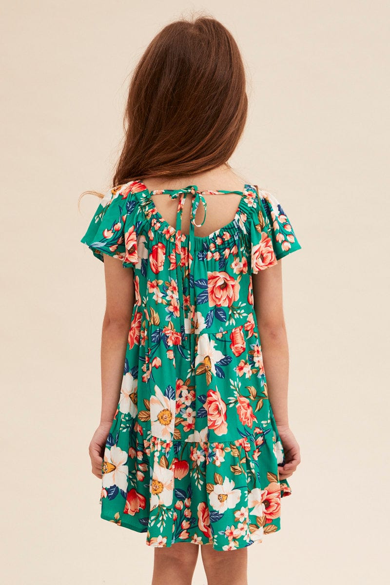Green Floral Kids Short Sleeve Midi Dress