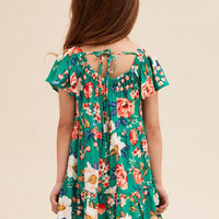 Green Floral Kids Short Sleeve Midi Dress