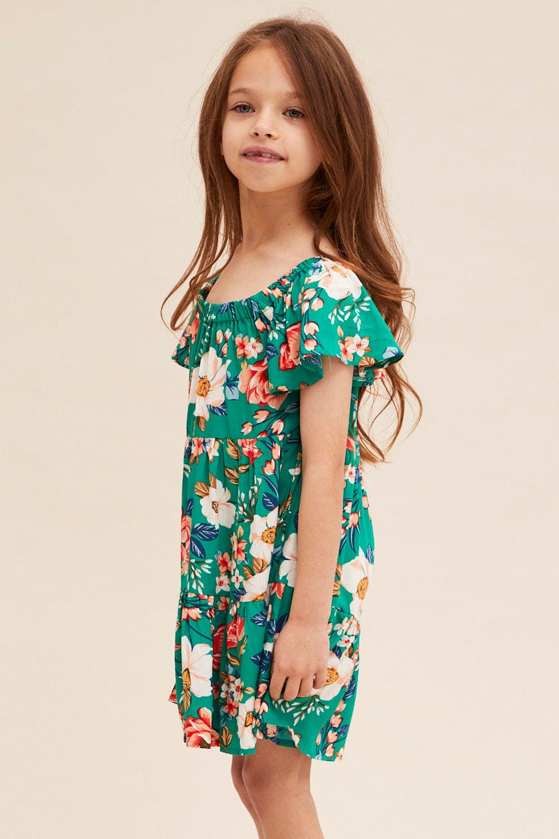 Green Floral Kids Short Sleeve Midi Dress