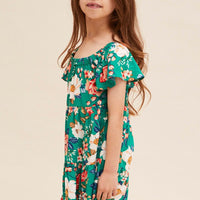 Green Floral Kids Short Sleeve Midi Dress