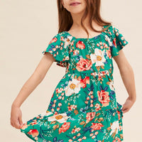 Green Floral Kids Short Sleeve Midi Dress