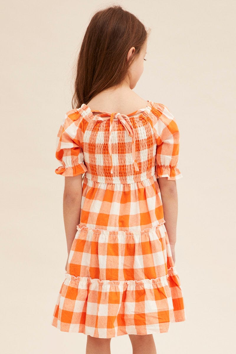 Orange Check Kids Midi Dress Short Sleeve Square Neck