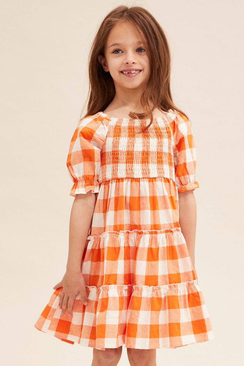 Orange Check Kids Midi Dress Short Sleeve Square Neck