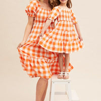 Orange Check Kids Midi Dress Short Sleeve Square Neck