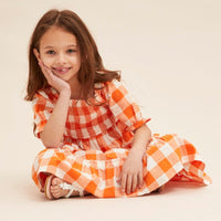 Orange Check Kids Midi Dress Short Sleeve Square Neck