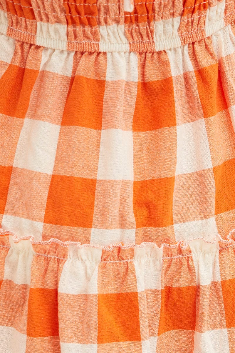 Orange Check Kids Midi Dress Short Sleeve Square Neck