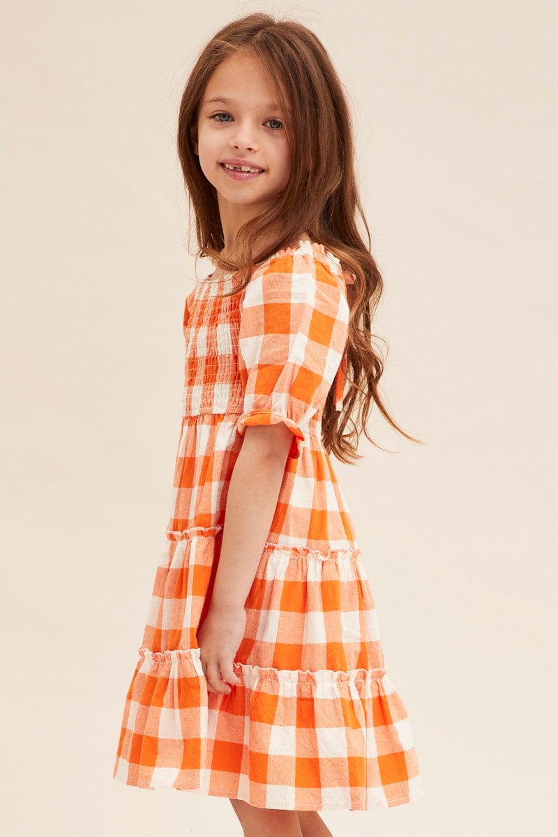 Orange Check Kids Midi Dress Short Sleeve Square Neck