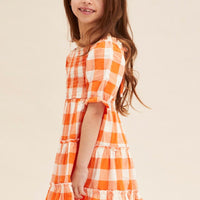 Orange Check Kids Midi Dress Short Sleeve Square Neck