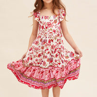 Pink Boho Kids Midi Dress Tiered