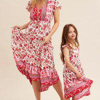 Pink Boho Kids Midi Dress Tiered