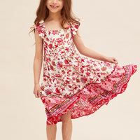 Pink Boho Kids Midi Dress Tiered