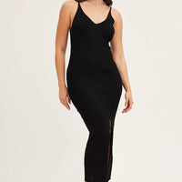Black V Neck Kint Midi Dress