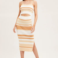 Stripe Midi Dress Sleeveless Cut Out Square Neck
