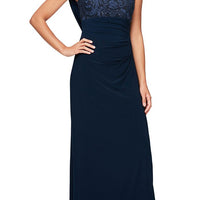 Empire Waist Dress with Matte Jersey Body and Cowl Back Detail with an Embroidered Sequin Lace Bodice
