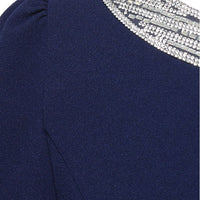 Long Embellished Neck Dress with Elbow Sleeves and Cascade Detail Skirt
