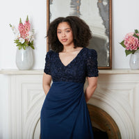 Long Empire Waist Dress with Soutache Bodice, Puff Sleeve Detail and Cascade Ruffle Skirt