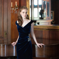 Long Off the Shoulder Fit and Flare Dress With Surplice Sweetheart Neckline, Beaded Hip Detail and Front Slit