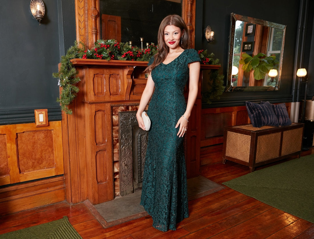Long Corded Lace V-Neck Fit and Flare Dress with Cap Sleeves