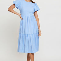 Blue Midi Dress Short Sleeve Round Neck