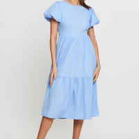Blue Midi Dress Short Sleeve Round Neck