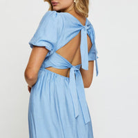 Blue Midi Dress Short Sleeve Square Neck