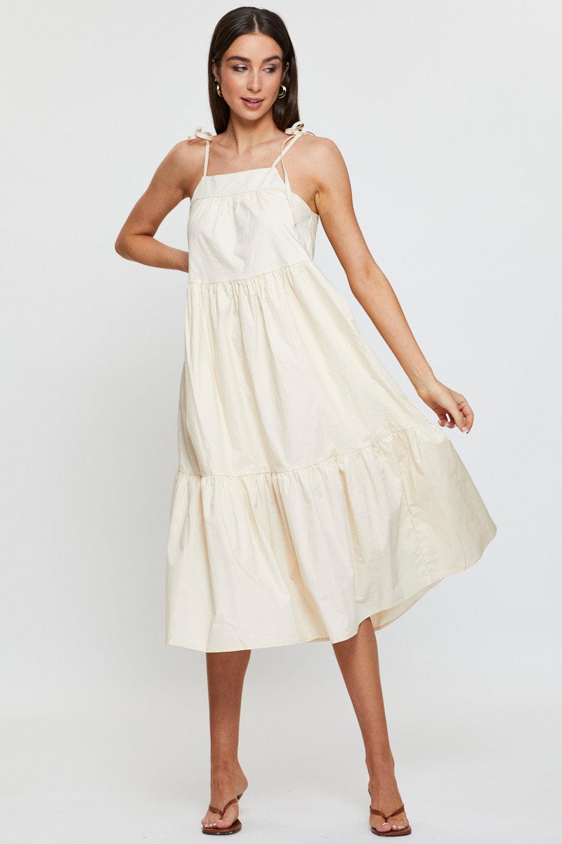 Beige Midi Dress Sleeveless Tie Shoulder