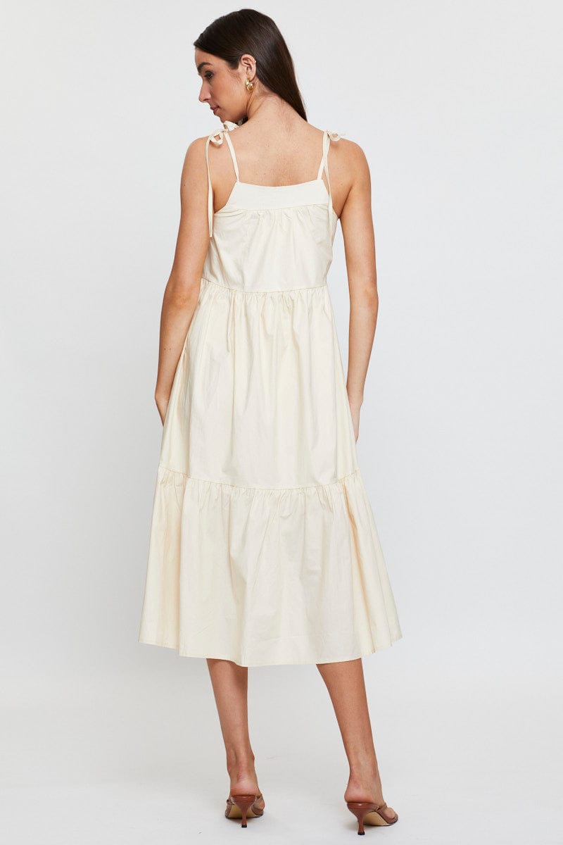 Beige Midi Dress Sleeveless Tie Shoulder