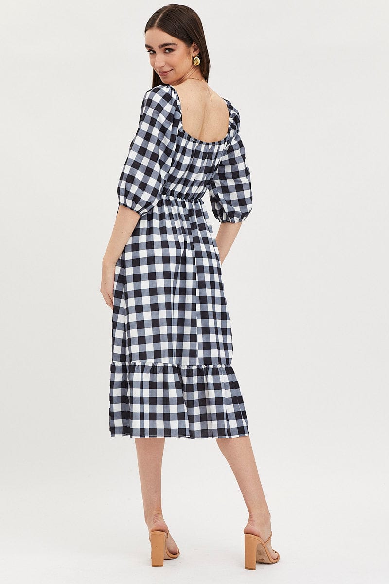 Check Midi Dress Puff Sleeve