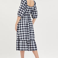 Check Midi Dress Puff Sleeve